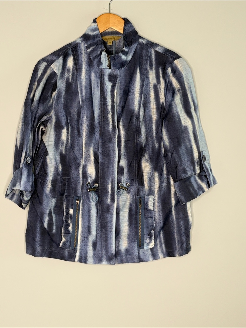Kerry Brooke Tie-Dye Navy Utility Jacket with Adjustable Waist S Linen Blend